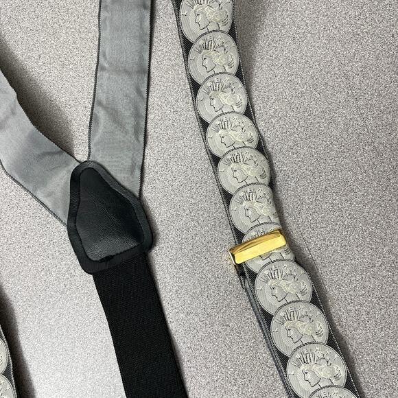 CAS Germany Silk Suspenders Mens Braces Gray Black Leather Button Coins Liberty - Picture 5 of 8